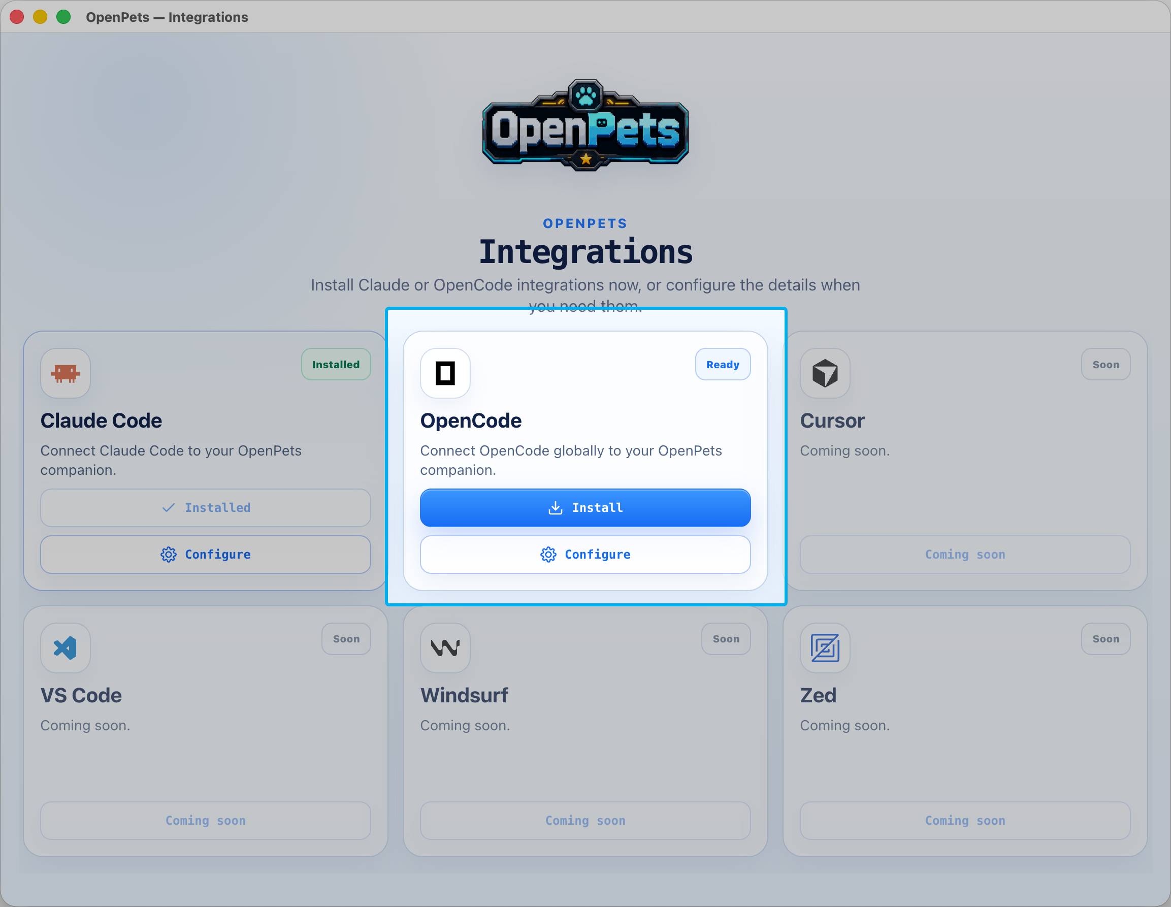 OpenPets Integrations window showing the OpenCode card ready to install.